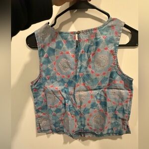 FABINDIA, silk/satin Indian print light blue crop top, size XS, NEW without tags
